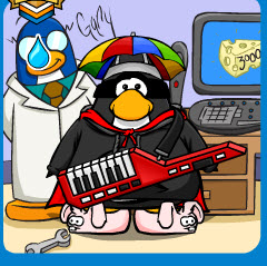 the keytar the hat the backgroundd cool and old
